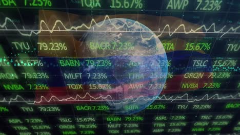 animation of data processing and globe over flag of colombia on black background
