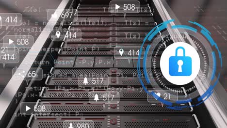 animation of media and padlock icons over server room