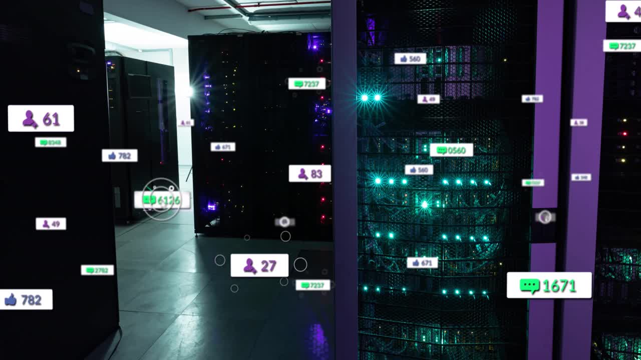 Animation of social media icons floating against empty computer server room