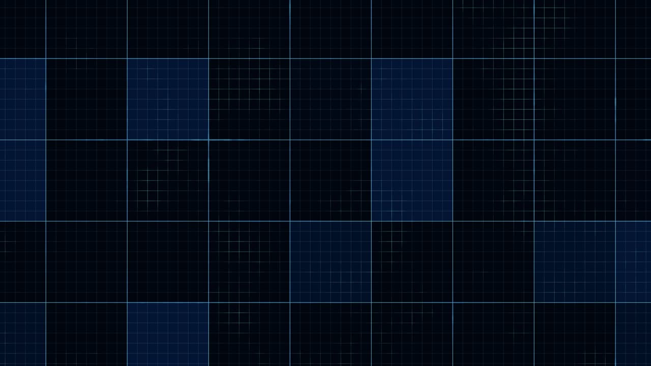 Pulsating grid and squares animation background,a dark blue digital network and abstract data transmission visualization, futuristic blueprint background