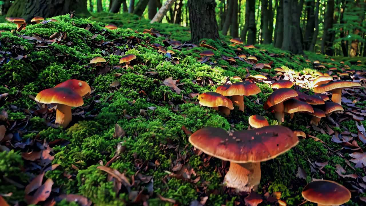 A low-angle video captures vibrant mushrooms on a lush forest floor, highlighting the rich textures