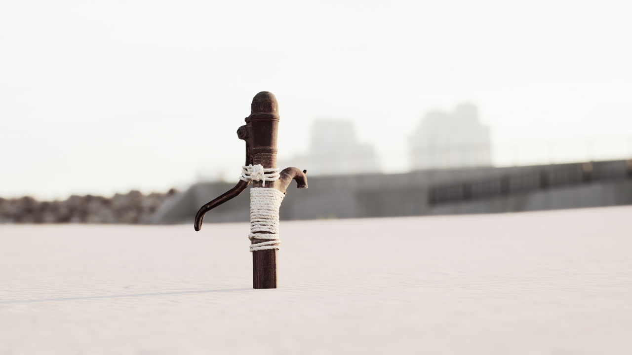 bomba de agua de metal viejo y oxidado en la playa de arena