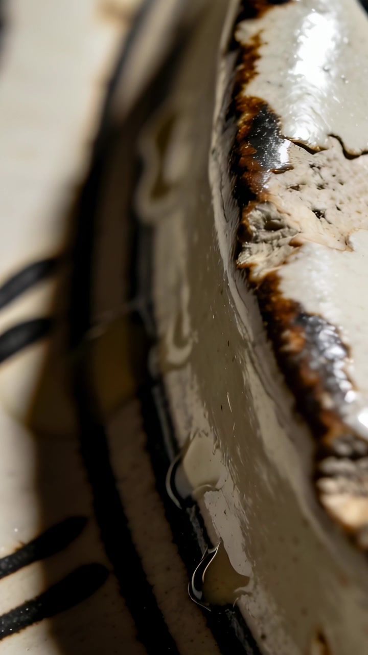 Video verticale: Telecamera che si sposta e gira intorno al bordo di una ceramica smaltata in studio, mostrando i dettagli delle gocce di smalto.
