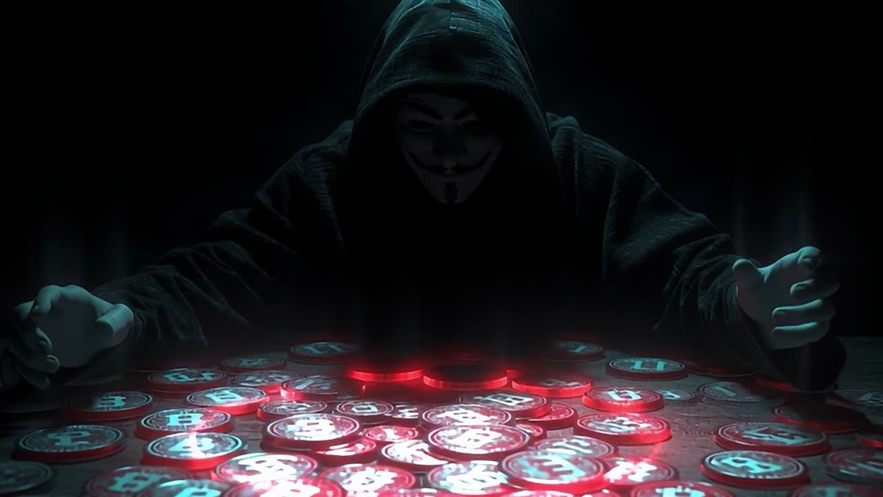 Mysterious figure controlling glowing crypto tokens in darkness
