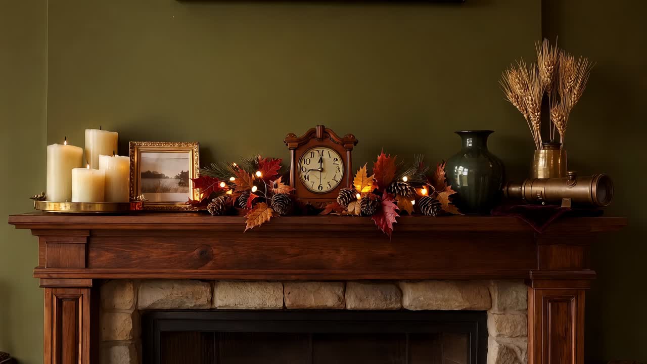 Glowing mantel showing lights pulsing and candles flickering at home, with clock and garland