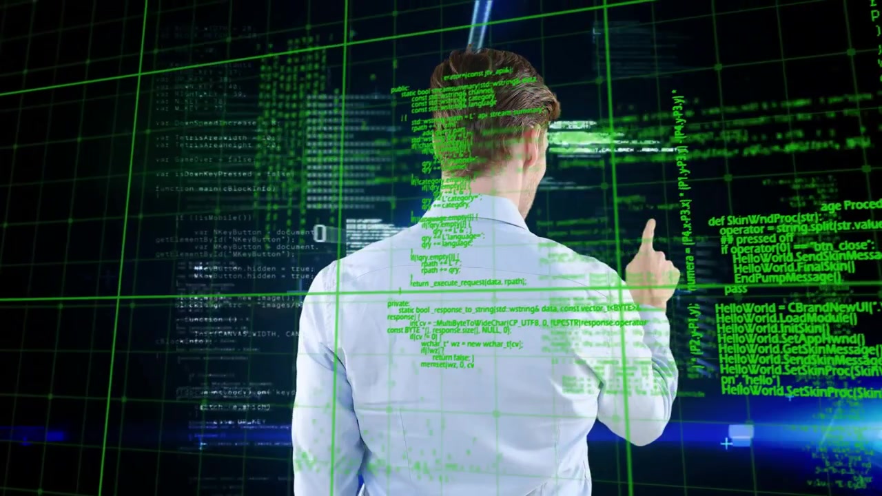Animation of data processing over caucasian businessman touching screen on black background