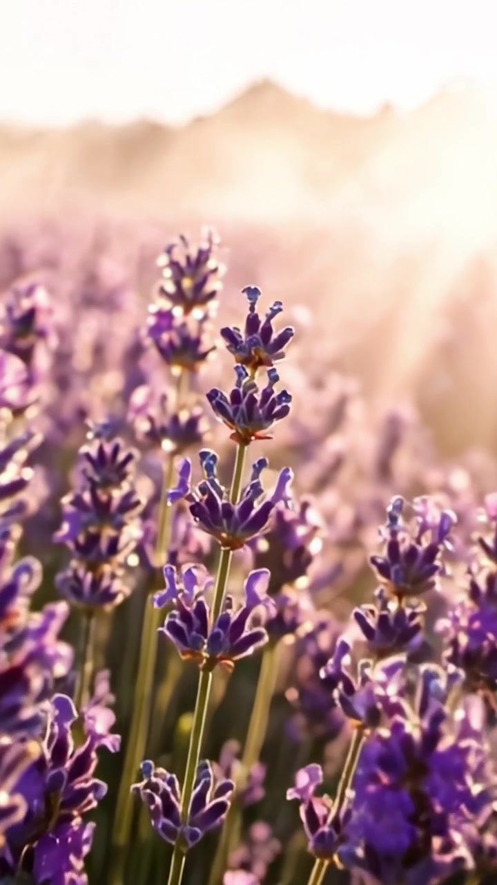 Un Sereno Campo di Lavanda Immortalato all'Alba, Che Mostra la Tranquilla Bellezza della Natura con Vivaci Fioriture Viola che si Estendono Sotto la Luce Dorata del Sorgere del Sole