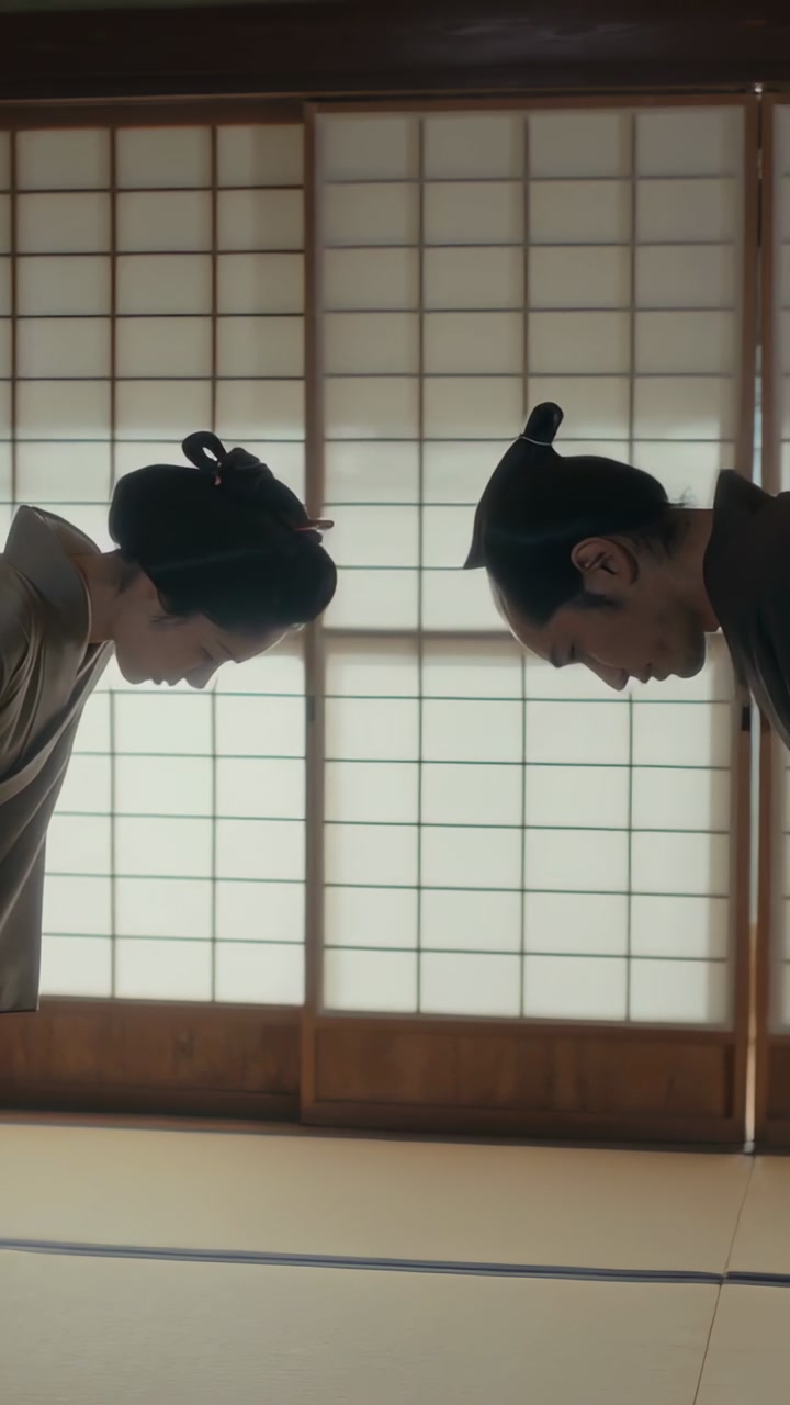 Vertical video: Bowing couple in kimono performing deep bows on tatami with shoji, greeting