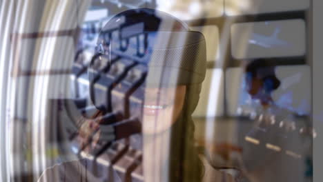 wearing vr headset and smiling, woman over keyboard and digital interface