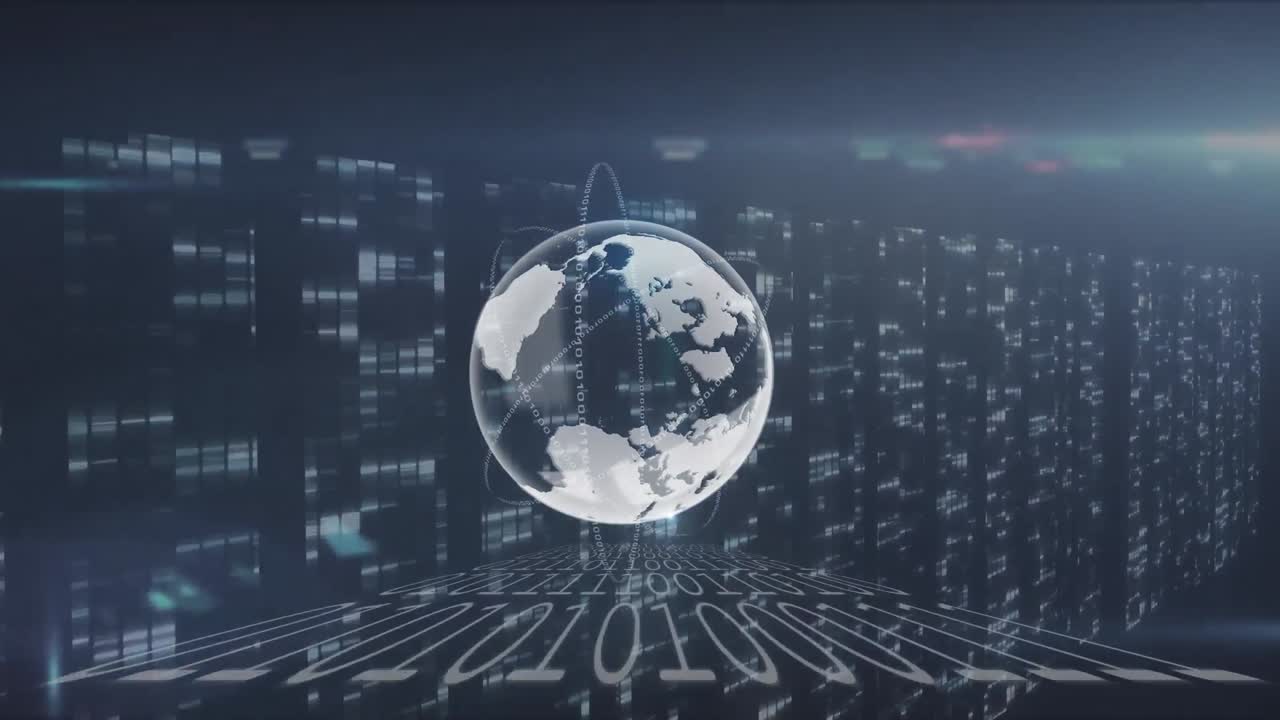 Animation of globe over data processing on black background