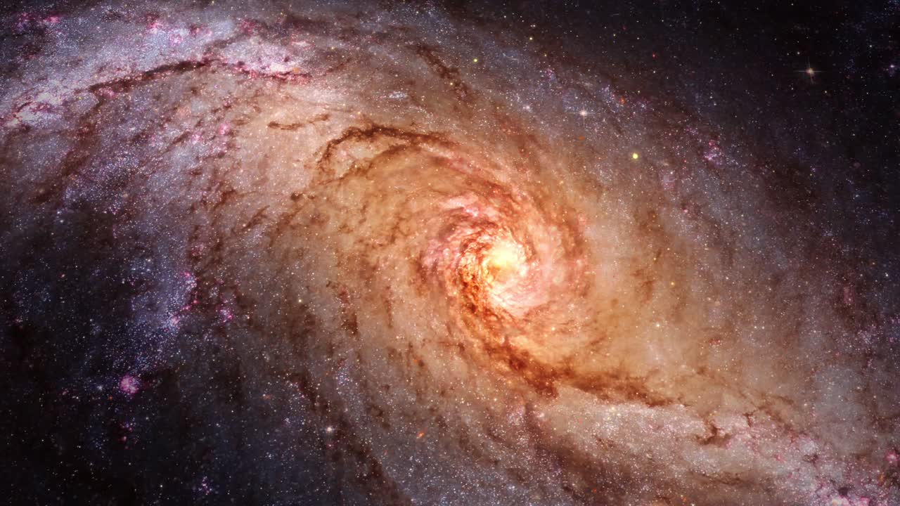 Viaggio spaziale in loop continuo attraverso un campo stellare e una tempesta spaziale nella galassia NGC 1672. Galassia a spirale barrata nella costellazione del Dorado. Gli elementi di questa immagine sono forniti dalla NASA. Rendering 3D 4K.