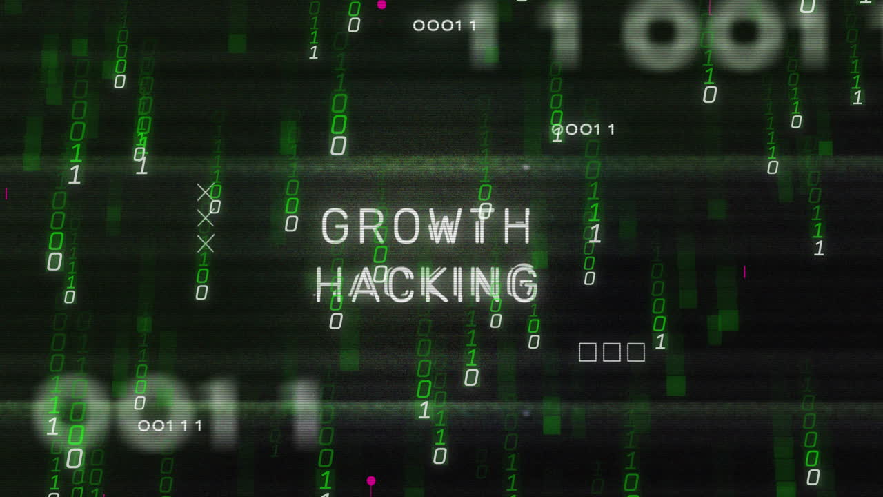 Animation of growth hacking text with binary codes and circuit board pattern over black background