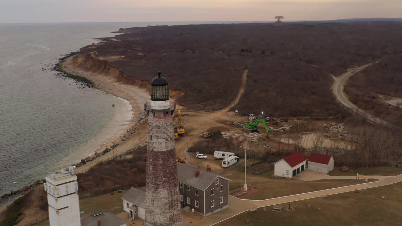 An aerial view of the Montauk lighthouse at sunset