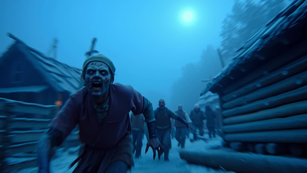 Un gruppo di zombie che cammina lungo una strada innevata di notte
