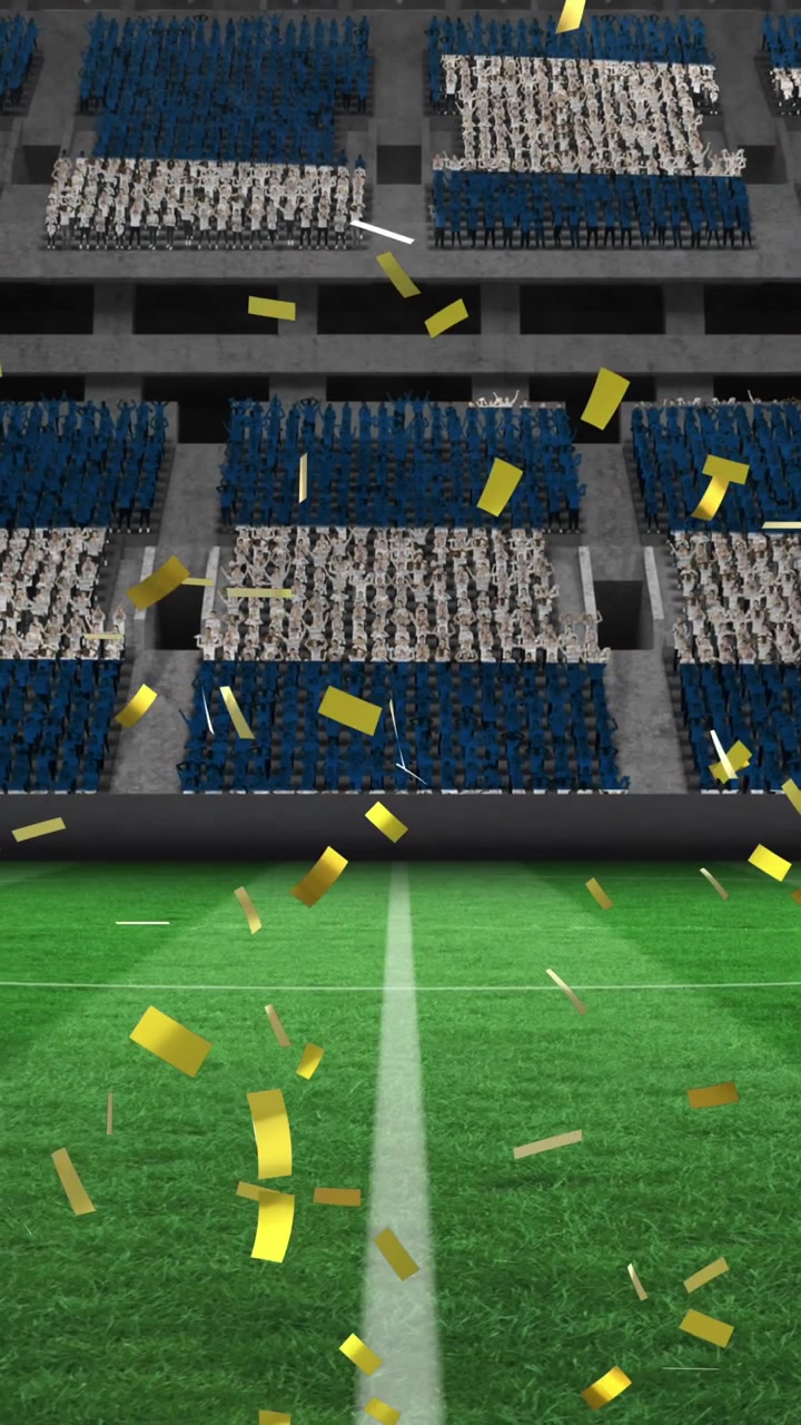 Digital animation of golden confetti falling against sports stadium in background