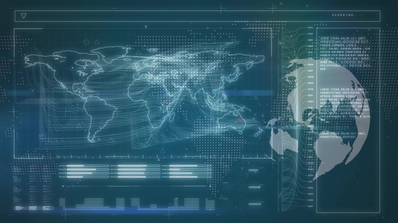 Animation of data processing and globe over world map