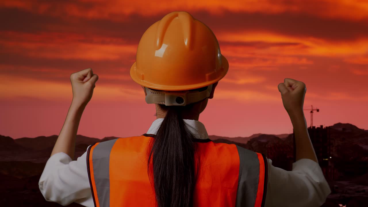 ingeniero celebra la puesta de sol sobre el sitio de construcción