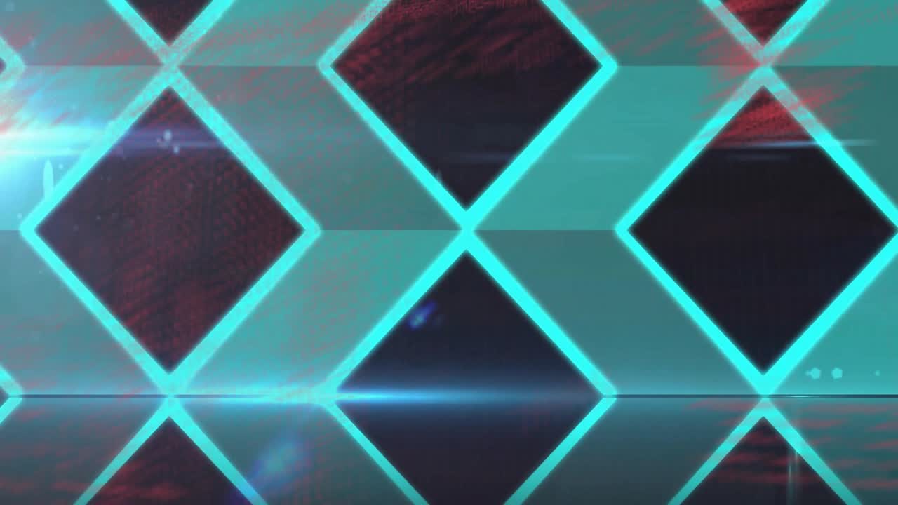 Glødende cyan-diamanter danner gentagende gittermønster i 3D, reflekteres på gulvet med linse-flares