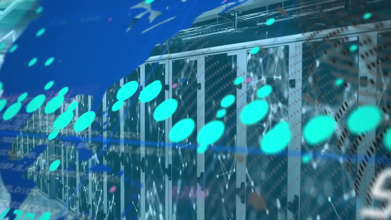 Animation of dots, map, changing numbers, connected dots moving over data server racks