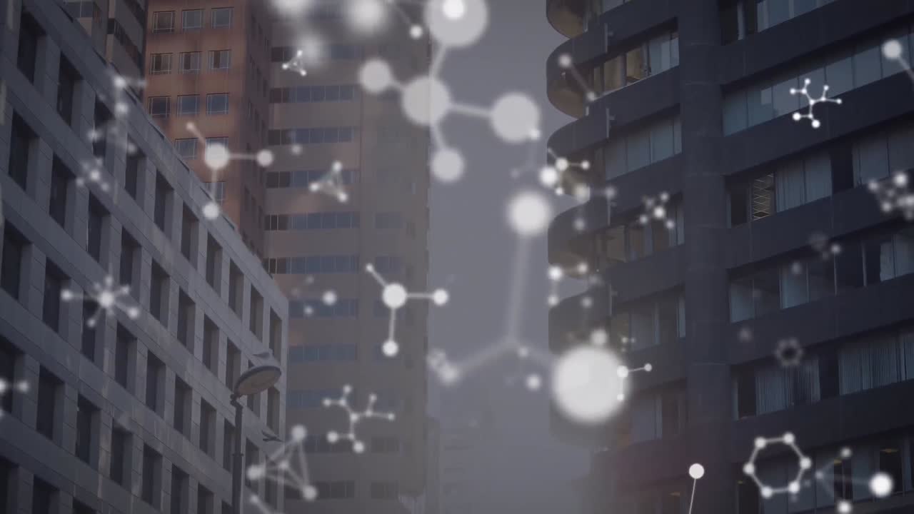 도시 풍경 위에서 움직이는 모양의 애니메이션