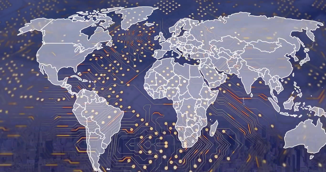 Animation of data processing and world map over cityscape
