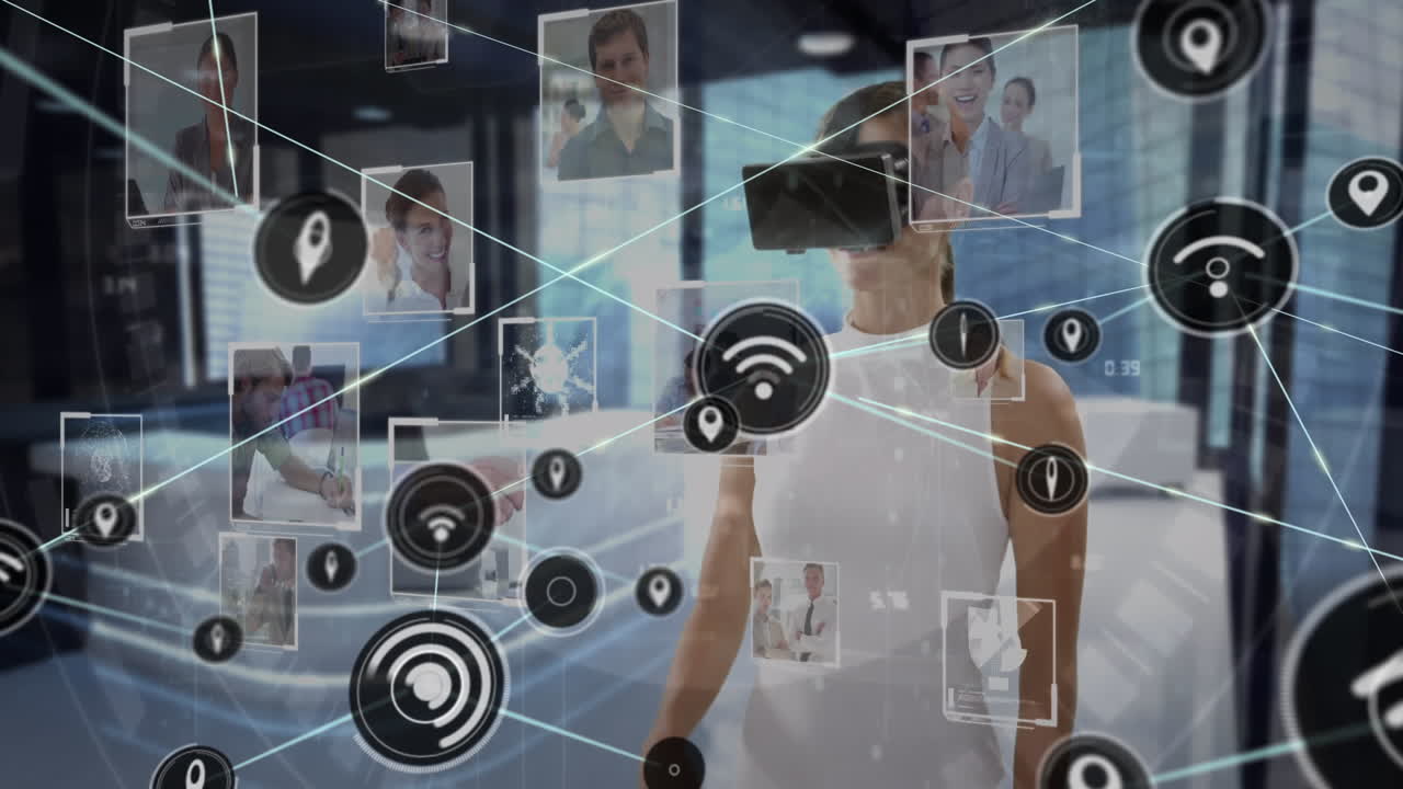 animación de una red de conexiones con iconos sobre una mujer de negocios con auriculares vr
