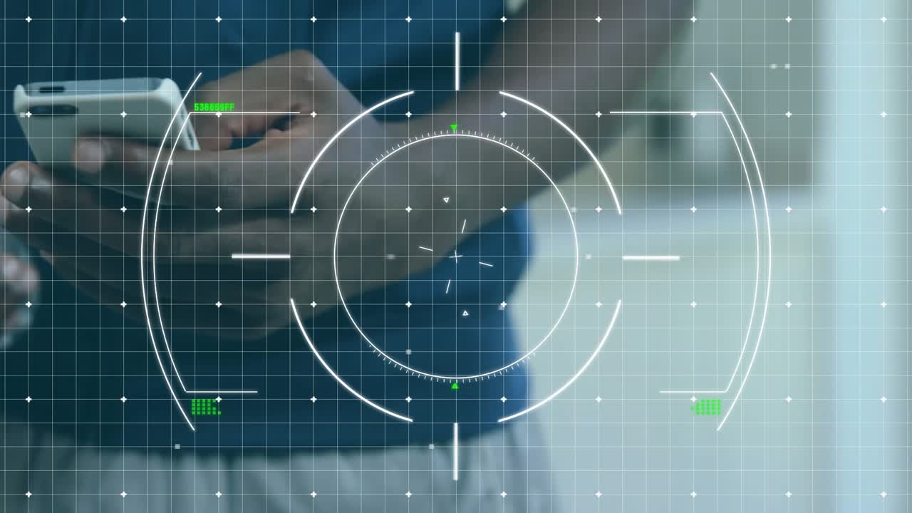Man tapping smartphone and grasping water bottle for AR tech scanning with HUD grid aligning label