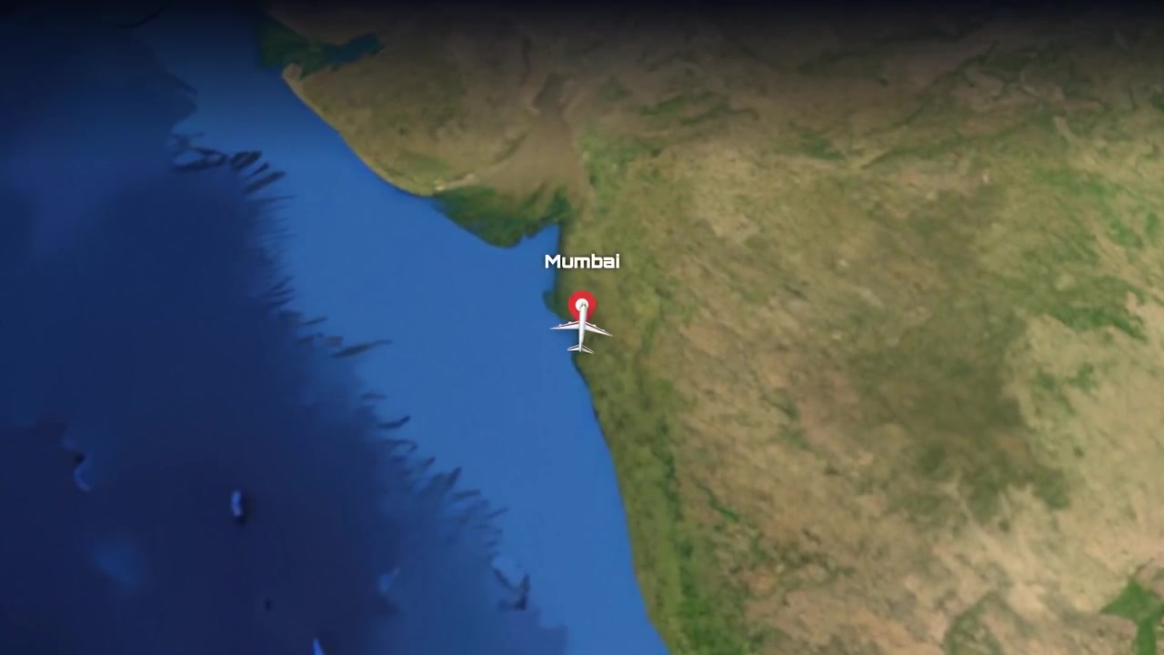 Satellite view animation follows an airplane flying from Mumbai, India to Phoenix, Arizona, USA