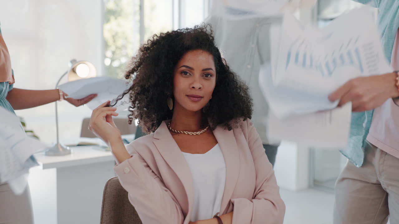 Black woman, boss and office with paper fan