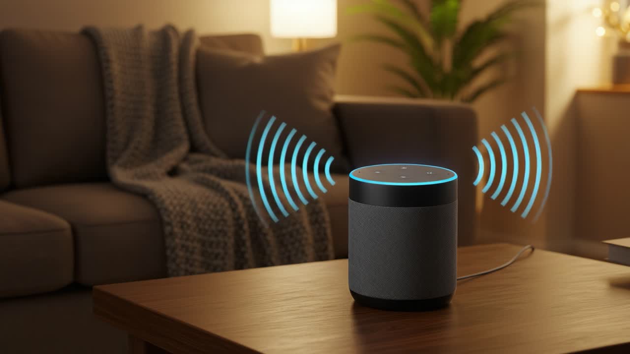 A modern speaker emits sound waves in a cozy living room setting, showcasing an inviting atmosphere with soft lighting and comfortable furnishings