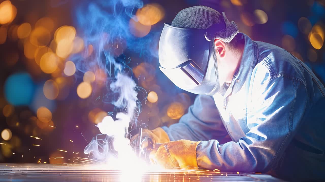 A skilled welder at work, creating sparks and light, showcasing the intricate process of metal joining with a focus on safety and craftsmanship in a vibrant background