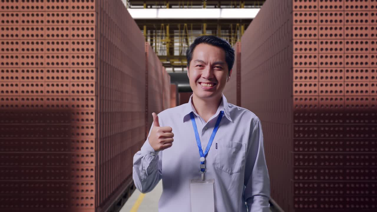 Shot Captures Of An Asian Male Professional Worker Standing With Red Brick Packed in Stacks Are Stored, His Broad Smile At The Camera And Thumbs Up