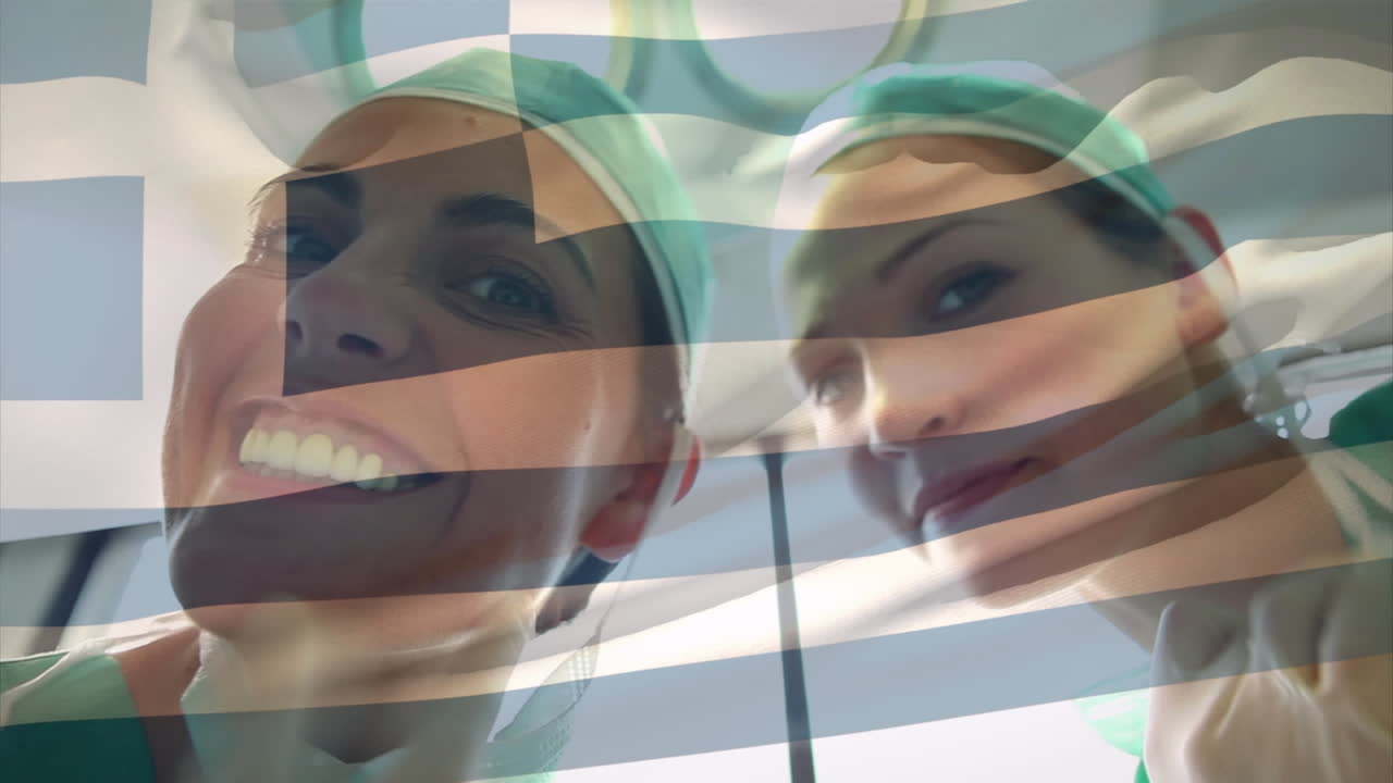 수술실 에 있는 외과 의사 들 위 에 그리스 국기 가 흔들리는 애니메이션