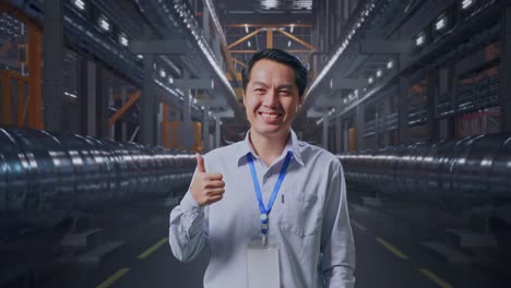 shot captures of an asian male professional worker standing with metal pipes, his broad smile at the camera and thumbs up