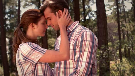 Smiling-couple-on-a-hike-hugging-