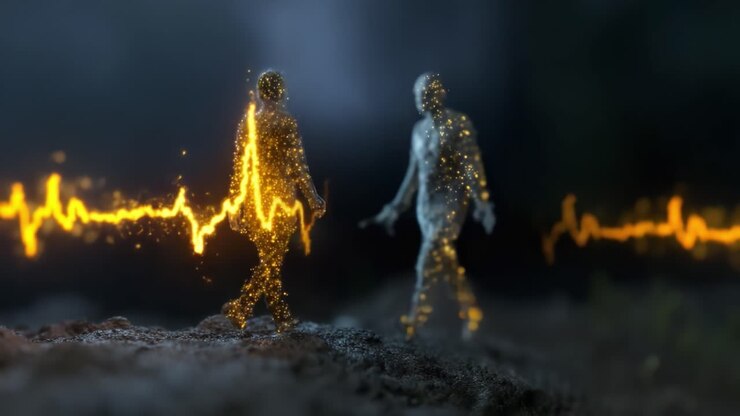 Dynamische Visualisierung von zwei Figuren, die harmonisch miteinander gehen, mit einer energetischen Pulswelle, die ihre Bewegungen in einer fesselnden künstlerischen Darstellung miteinander verwebt