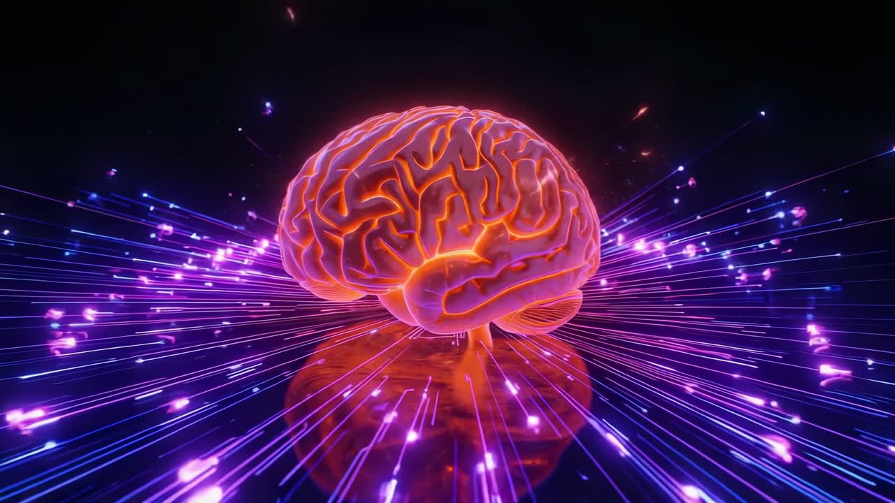 Pulsing neon brain rotating emitting purple blue radial beams on glossy plane showing neural pulses