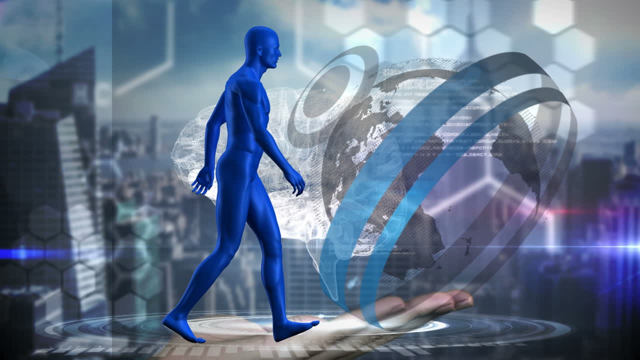 animación de un modelo humano digital con la mano y un globo sobre el paisaje urbano