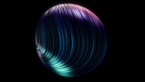 la bola 3d de líneas de neón gira sobre fondo negro. animación. hermosa esfera 3d de rayas de neón curvas gira sobre fondo negra