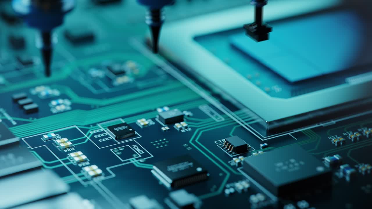 macro shot de máquina automática de selección y colocación instala rápidamente componentes en la placa de circuito. fábrica de fabricación de electrónica y placas de circuito.