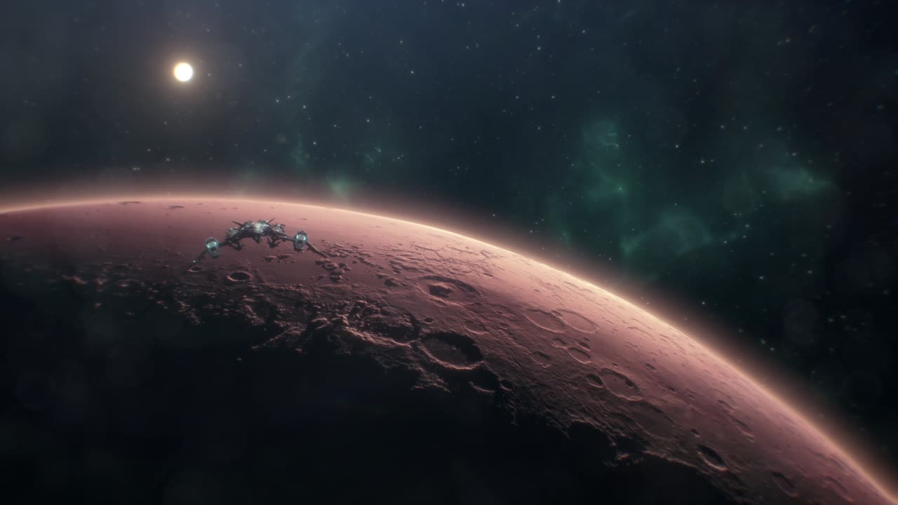 Astronave che esce dall'orbita di un mondo alieno e si dirige nello spazio profondo