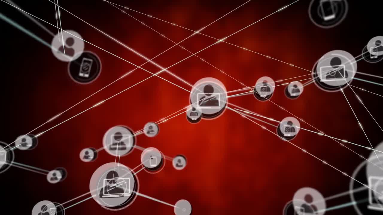 검은색 배경에 아이콘을 가진 연결 네트워크의 애니메이션