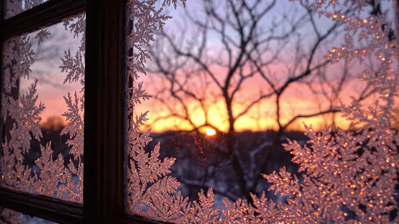 窓の繊細な霜の模様に縁取られた魅惑的な冬の夕焼け：昼から夜へと移り変わる自然の美しさを披露する
