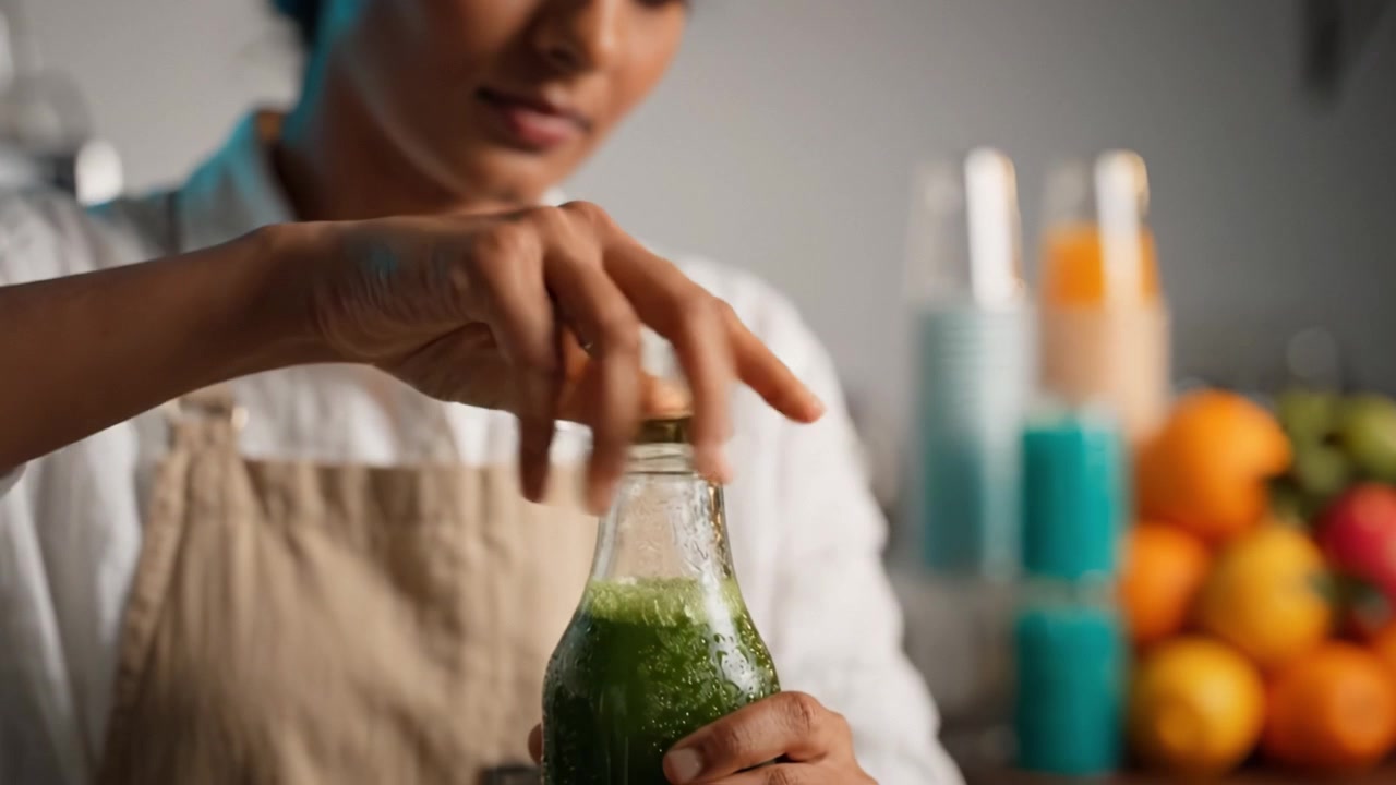 Une femme examine attentivement un smoothie vert dans une bouteille en verre, mettant en évidence son intérêt pour les boissons saines et vivifiantes dans un environnement de cuisine bien éclairé