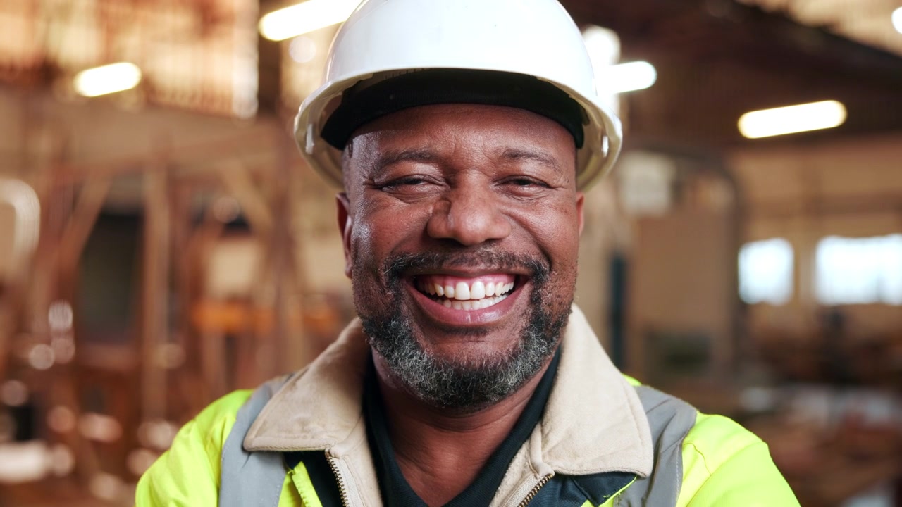 Smiling Construction Worker Wearing Hard Hat in Warehouse