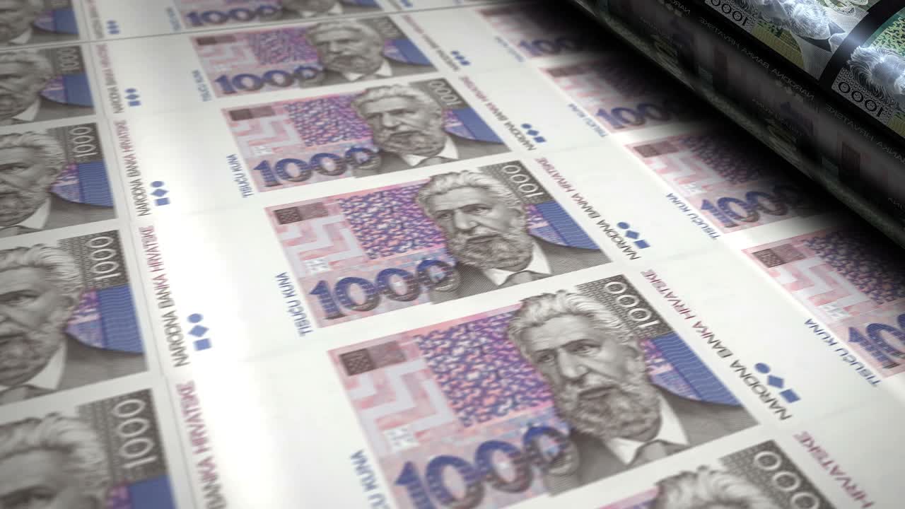 billetes de dinero de la kuna croata que imprimen en bucle sin costuras