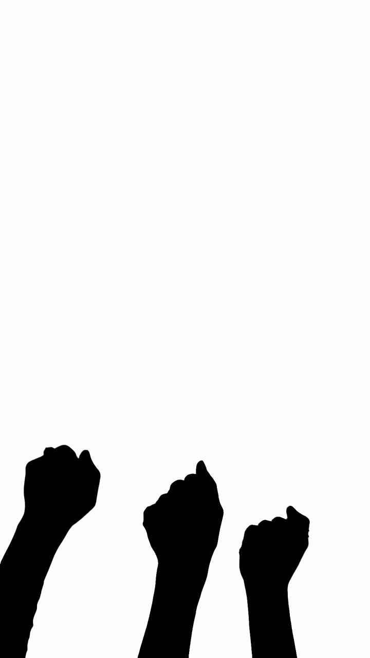 Black silhouette on white of hands of people waving in the air