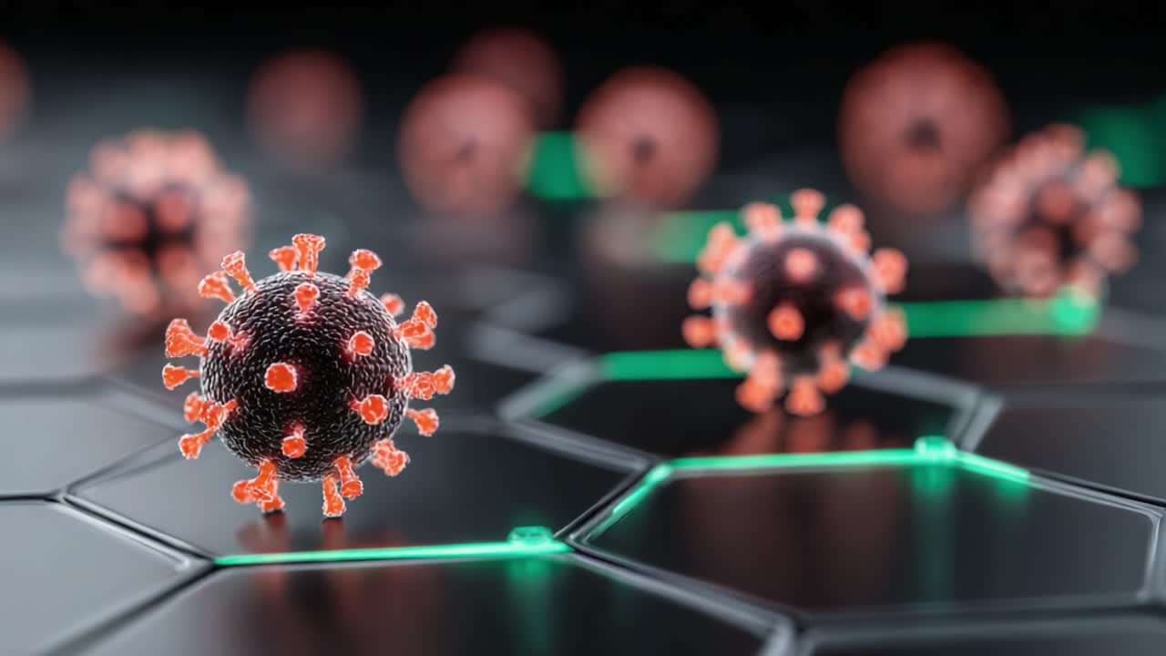 Visualizzazione al microscopio di particelle virali su una superficie high-tech: esplorare le complessità della struttura e dell'interattività dei virus in un ambiente futuristico