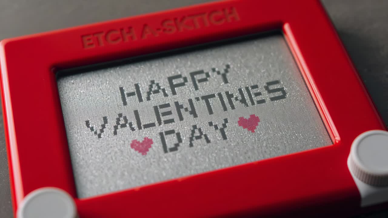 EtchASketch rosso con la scritta di auguri BUON SAN VALENTINO su un tavolo scuro, spostamento dell'obiettivo