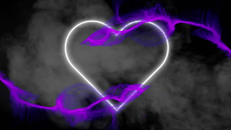 digital animation of purple digital waves over neon heart icon against brick wall